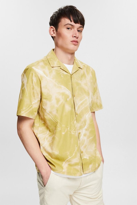 Esprit, Памучна риза с абстрактна щампа, Бял/Синапено жълто