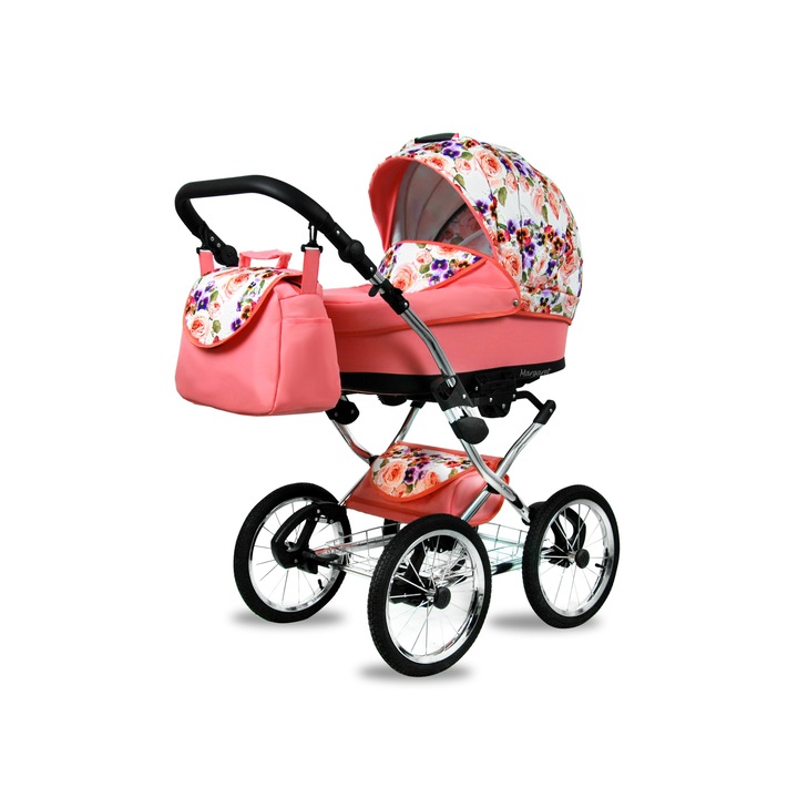 Количка BabyLux, Margaret Silver Pansies Roses, Еко кожа, 3в1, 15 кг, Многоцветен