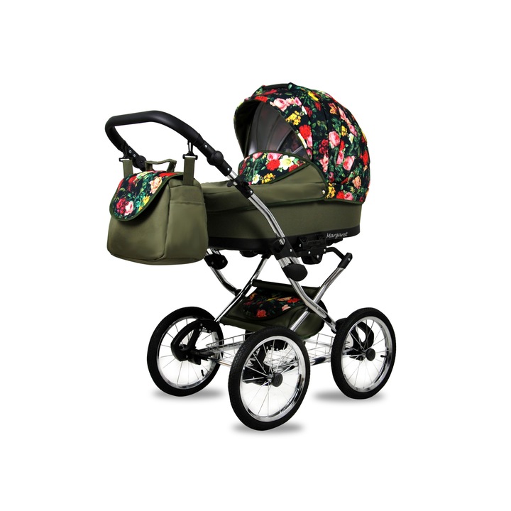 Количка BabyLux, Margaret Silver Roses with Tulips on Black, Еко кожа, 3в1, 15 кг, Многоцветен