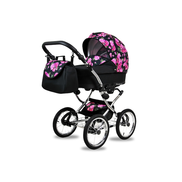 Бебешка количка BabyLux, Margaret, Silver Bouquets Peony on Black, Еко кожа, 3в1, 15 кг, Розов/Черен
