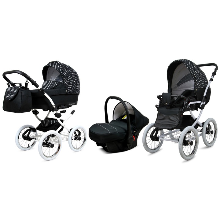 Carucior 3 in 1, BabyLux Margaret White Deep White Dots, Piele ecologica, 15 kg, Negru/Alb