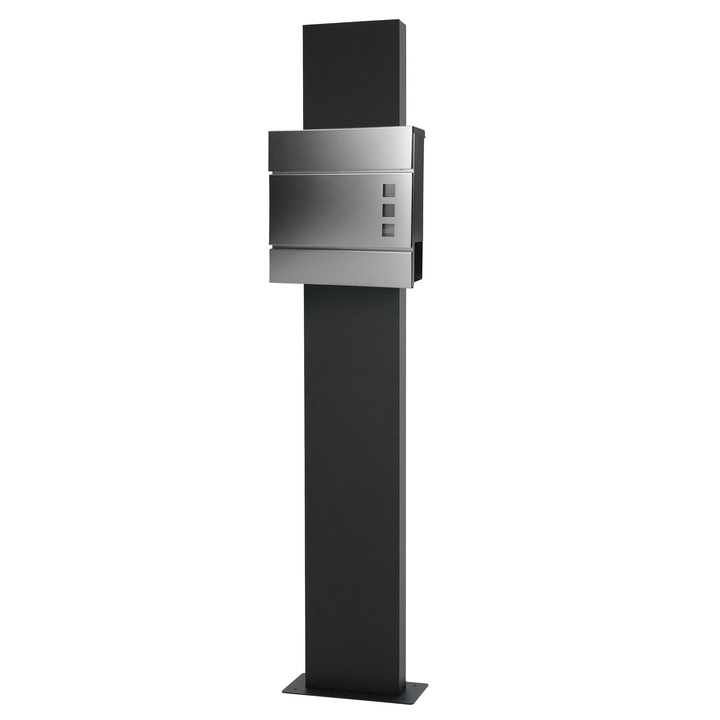 Cutie postala cu stand, ECD Germany, otel inoxidabil vopsit cu pulbere periat mat, argintiu - antracit, compartiment pentru ziare, 37x10,5x36,5 cm