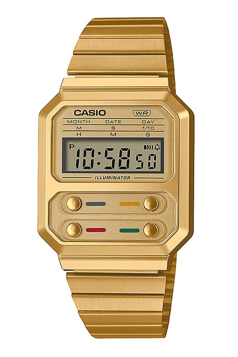 Casio, Унисекс дигитален часовник с правоъгълна форма, Златист