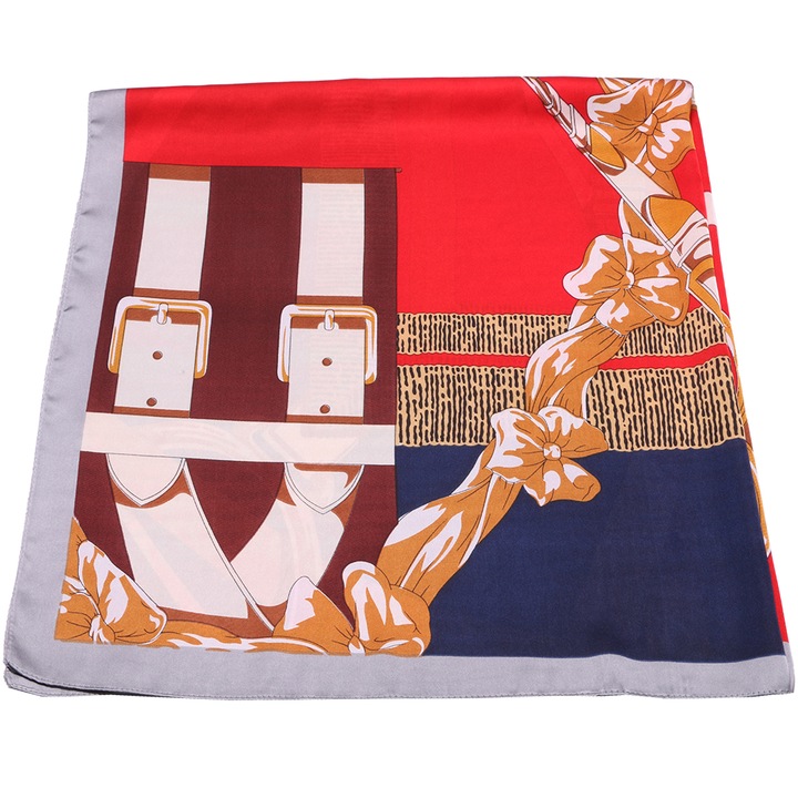 Esarfa pentru dama, imitatie matase, 90 x 90, imprimeu curele, SK07RD rosu