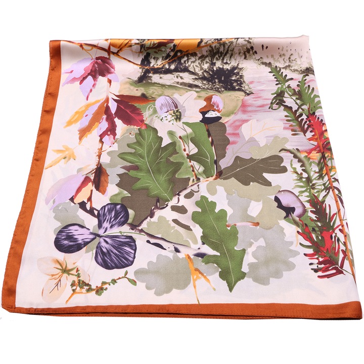 Esarfa pentru dama, imitatie matase, 90 x 90, imprimeu tomnatic, SK09CE maro deschis