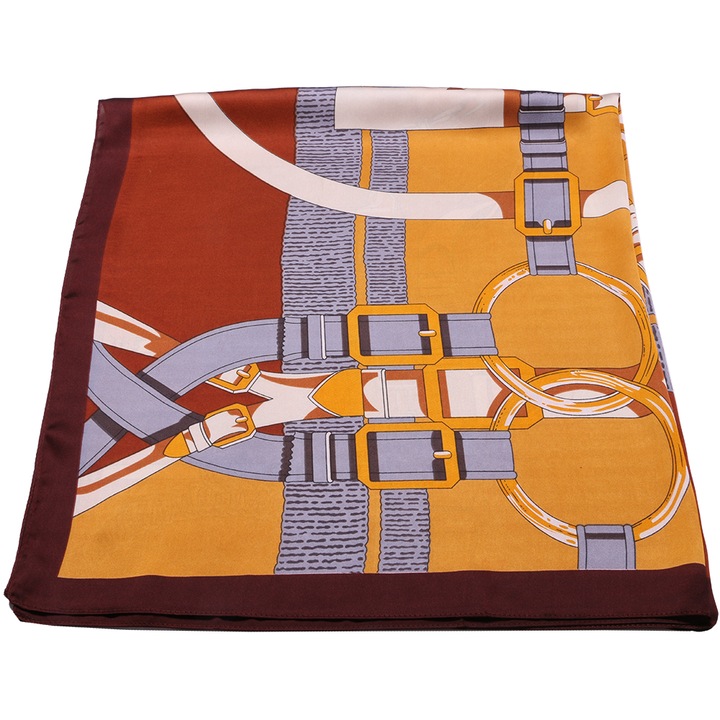 Esarfa pentru dama, imitatie matase, 90 x 90, imprimeu curele, SK07CE maro deschis