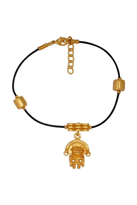 Bratara piele neagra, cu separatoare si omul jaguar, cultura Tairona, placata cu aur de 24 K, lungime 20.5 - 23 cm