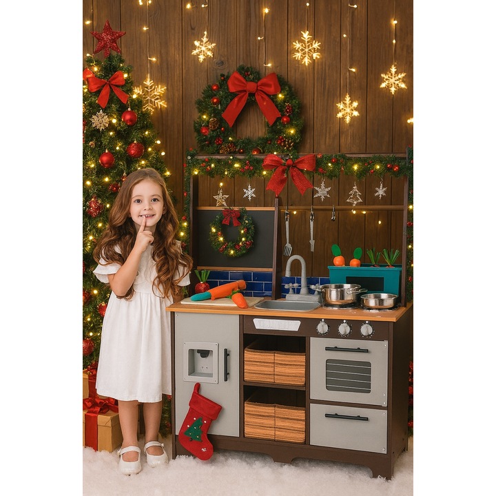 Bucatarie Multifunctionala din lemn The Taste Of The Chef idealSTOR pentru copii, Dimensiuni 74 x 30 x 95 cm Accesorizata cu legume Recipiente, Oale, Dozator de Apa, Dulapuri care se pot deschide, Fara margini ascutite