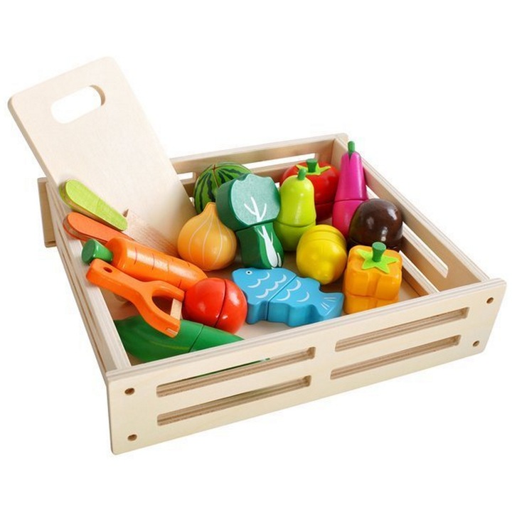 IdealSTORE Fruit Chopping Fából készült zöldség-gyümölcs doboz, Méretek 23 x 26 x 6 cm Különféle zöldségekkel és gyümölcsökkel kiegészítve Aprító kések, Élénk színek, Mágneses markolat, Fejleszti a gyermek fantáziáját