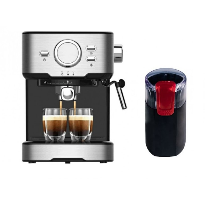Set espressor cu pompa si rasnita Studio Casa CG Duette Espresso & Cappuccino, 850 W, 15 bar 1.5 l, 30 g, lame inox, Negru / Inox