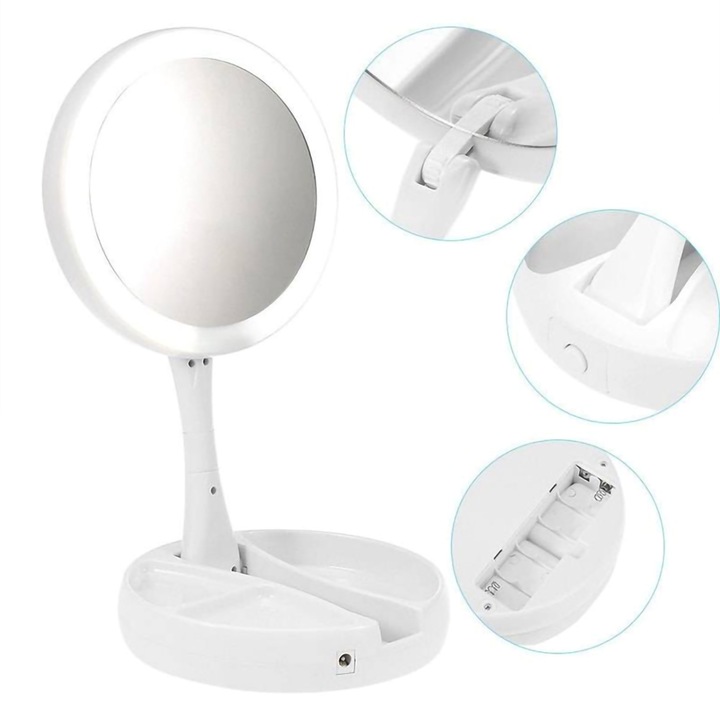 Oglinda rotunda machiaj cu iluminare LED, pliabila, 25 cm, efect de lupa, alb - JG988