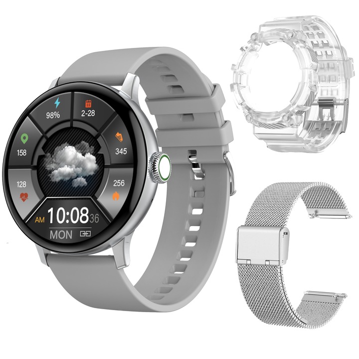 Смарт часовник LikeSmart™​​​​​​ Dare FiT, 1,19" IPS, Bluetooth Smart Call 5.0, меню на румънски език, сърдечен ритъм, безжично зареждане, 3 силиконови каишки и метален сребрист гръм