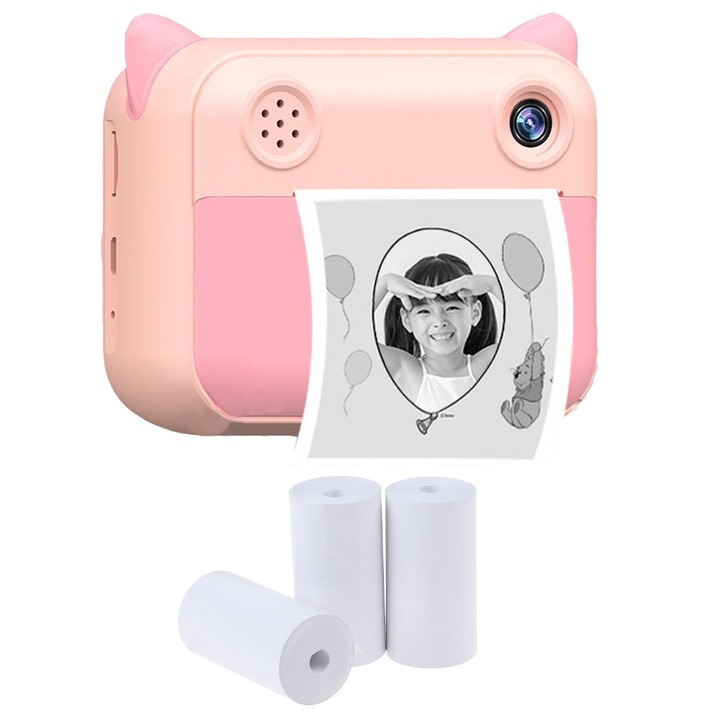 Camera foto instant pentru copii Neovision, ecran IPS de 2.4 inch, camera selfie, 3 role hartie incluse, roz