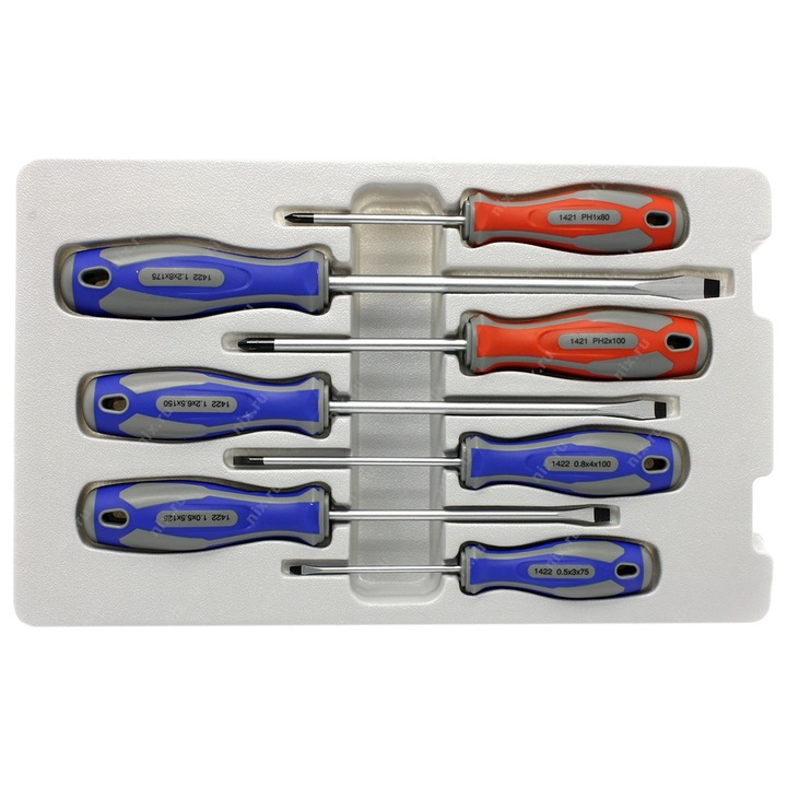 King Tony csavarhúzó készlet, 7 darabos, 2 kereszthornyos, 5 lapos, méretek: 3x75cm, 4x100cm, 5.5x125cm, 6.5x150cm, 8x175cm