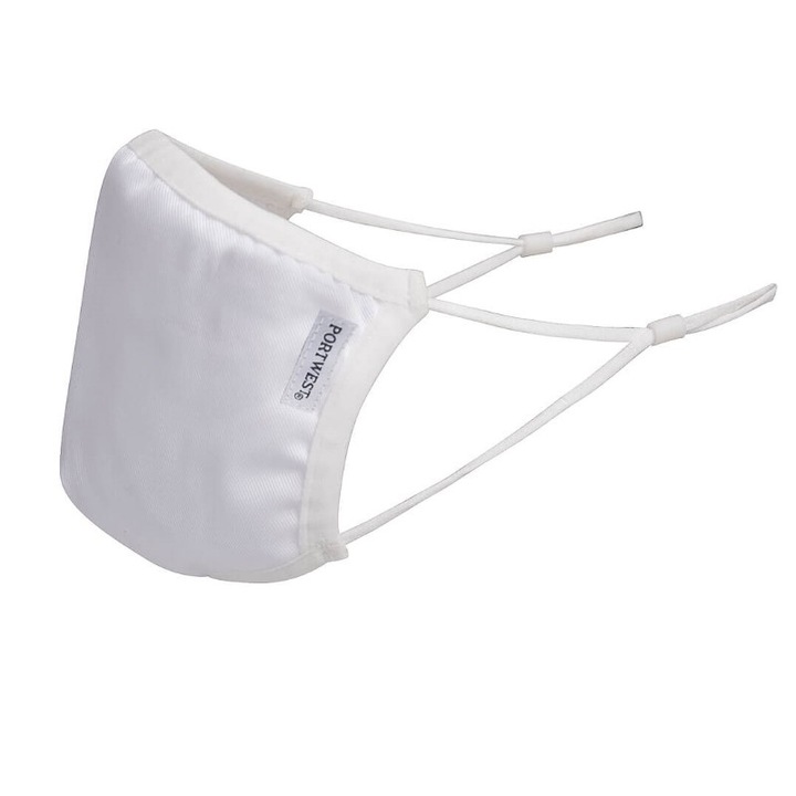 Masca faciala din bumbac, cu 3 straturi, alba, reutilizabila, pentru adulti Portwest
