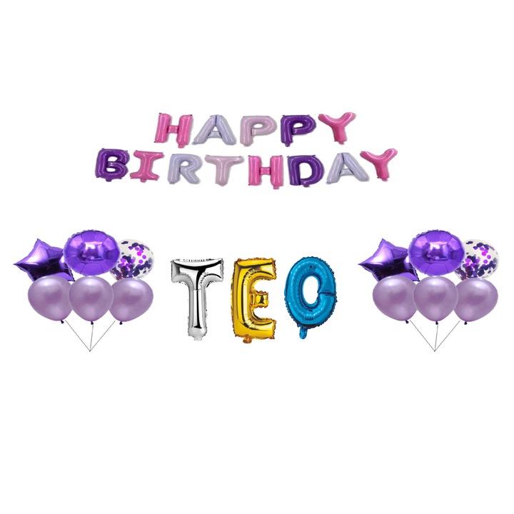 Комплект балони Happy Birthday Teo, Топер за торта, Многоцветен M1, 35 бр