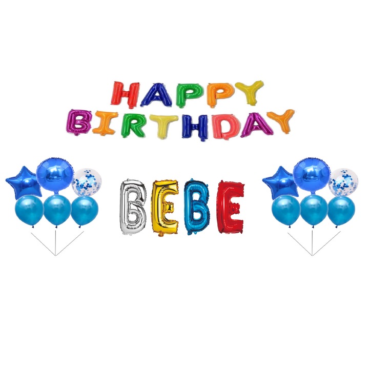 Set Baloane Happy Birthday Bebe , Cake topper , Multicolor M2 ,35Buc