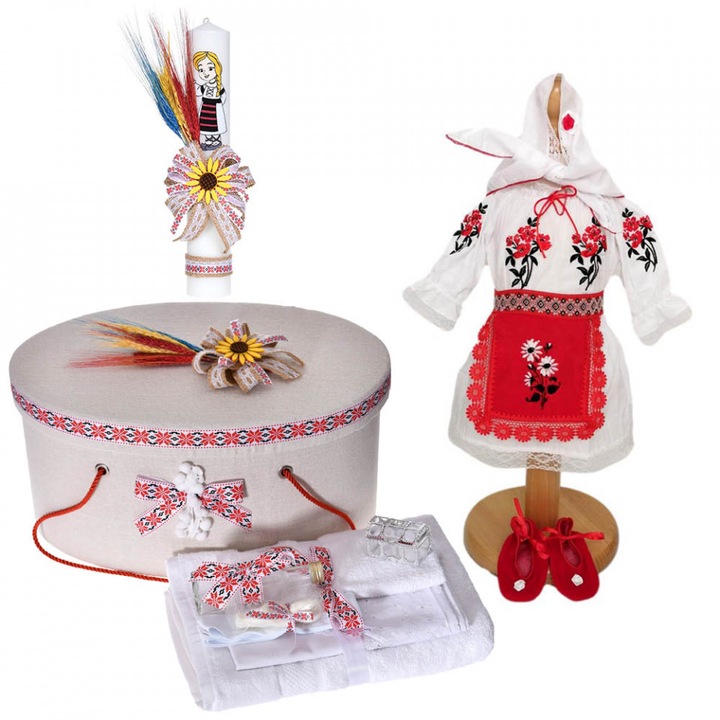 Set botez national, costum rochita traditionala, trusou botez, cutie trusou si lumanare, decor rustic, 0 - 3 luni, Denikos ® C9101