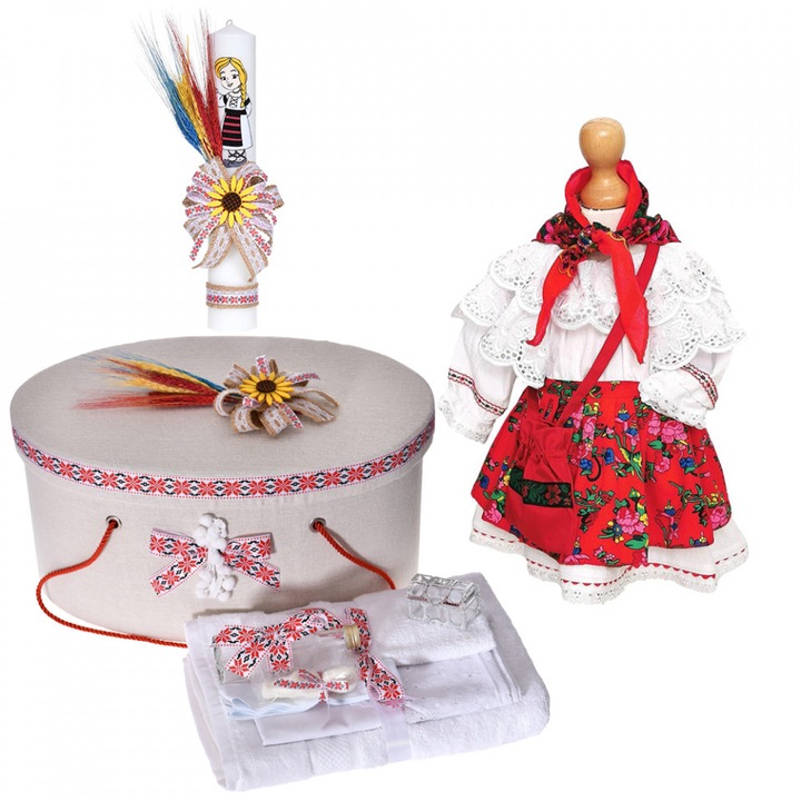 Set rochita botez traditionala, trusou botez, cutie trusou si lumanare, decor rustic, 6 - 9 luni, Denikos ® C9144