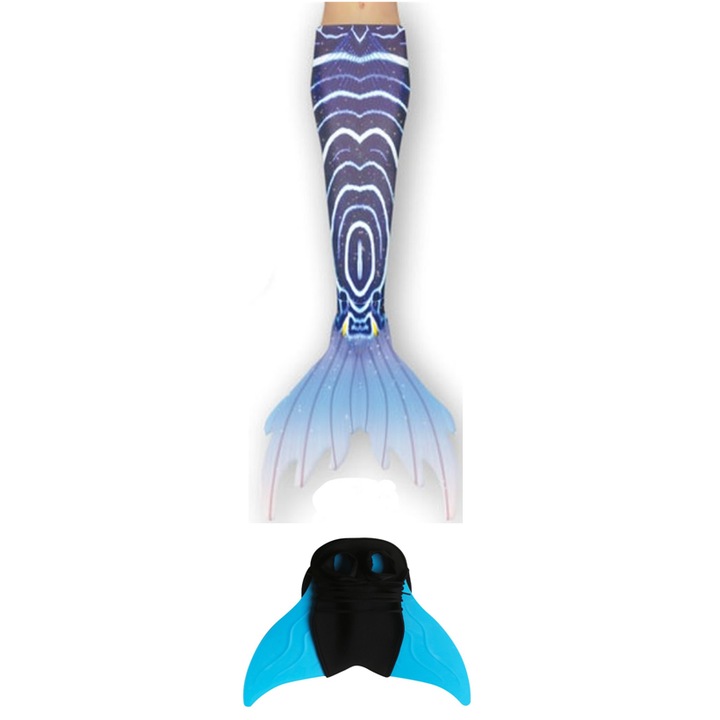 Set 2 piese Costum de baie Model Sirena, include si Inotatoarea pentru fixarea cozii, Albastru aquamarin/Bleumarin