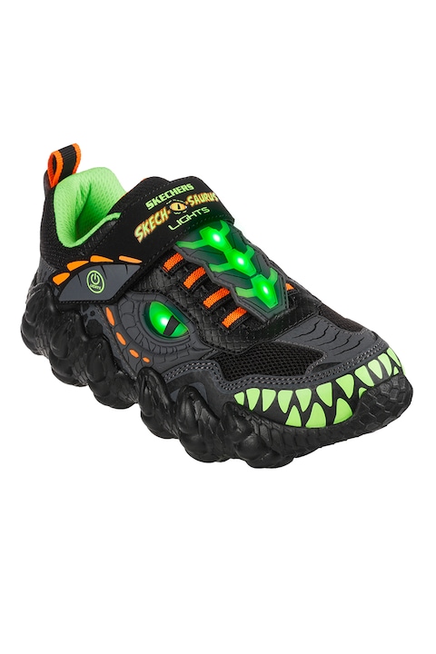 Skechers, Pantofi sport cu LED-uri Skech-O-Saurus, Portocaliu/Verde electric/Negru
