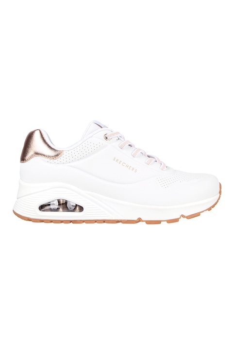 Skechers, Скосени спортни обувки Uno Shimmer Away от еко кожа, Бял