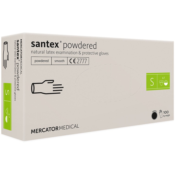 Cutie 200 bucati manusi latex pudrate nesterile albe S - Santex Powdered