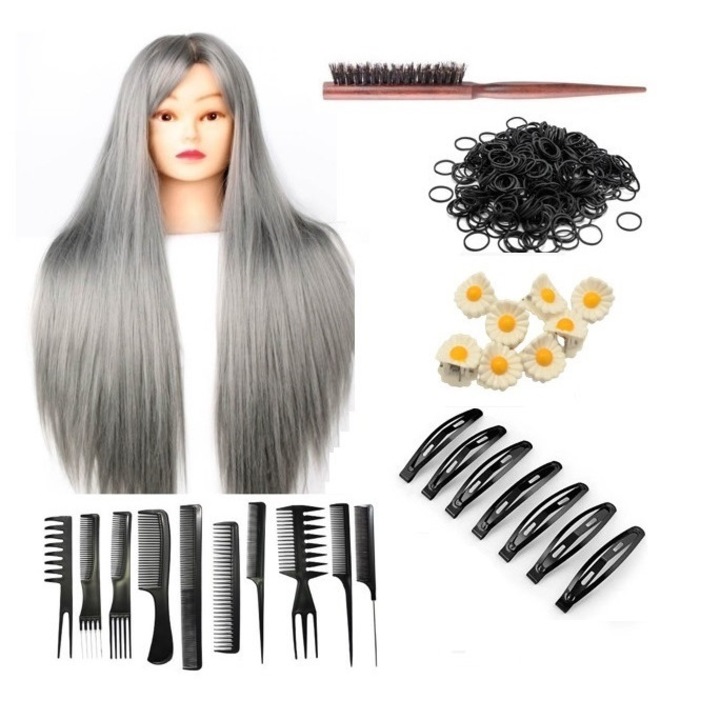 Set Coafor Beauty, Cap Manechin Gri, 10 Piepteni