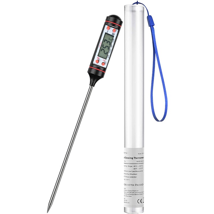 Termometru digital pentru gatit, Otel inoxidabil, Ecran LCD, -50 - 300 °C, Negru/Argintiu