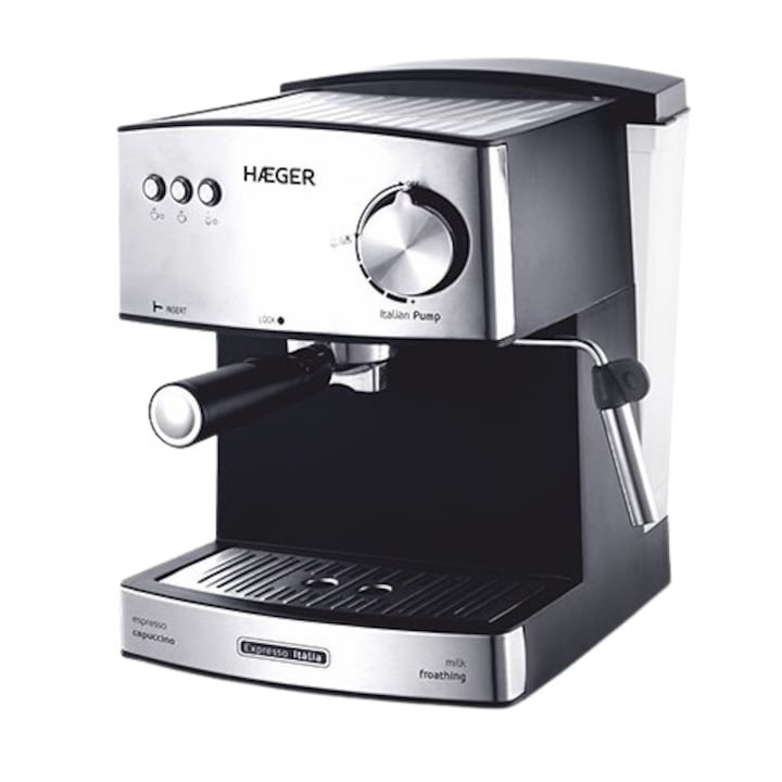 Кафе машина за еспресо HAEGER, CM-85B.009A, 850 W, 1,6 L, 15 bar, Двоен филтър от неръждаема стомана, Сребрист