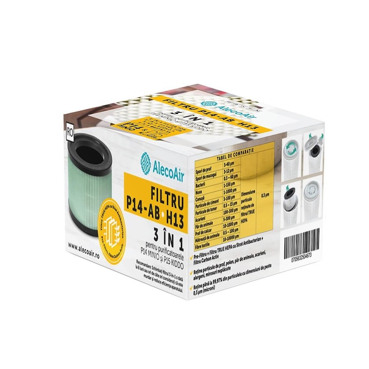 Filtru 3 in 1 TRUE HEPA cu Strat antibacterian si Carbon Activ pentru purificatorul AlecoAir P14 MINIO, compatibil cu P15 KIDDO