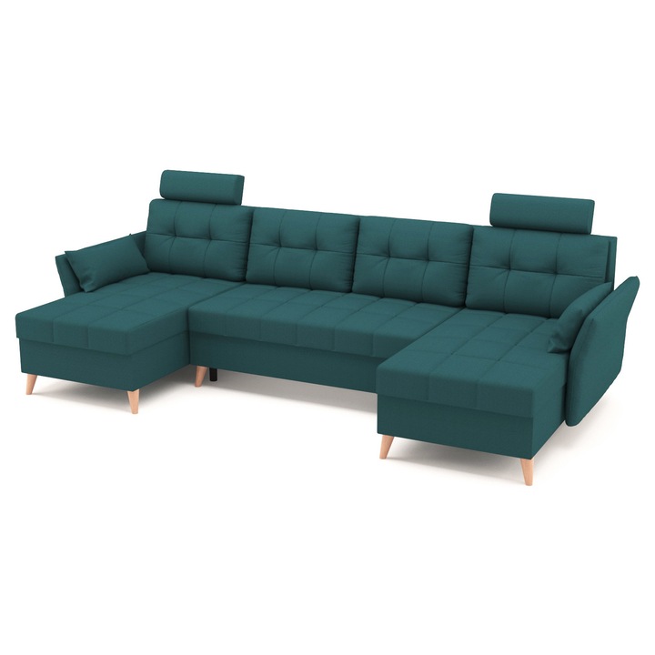 Coltar U Shape extensibil, SIDNY Turcoaz de 4 locuri, 300 x 140 x 90 cm