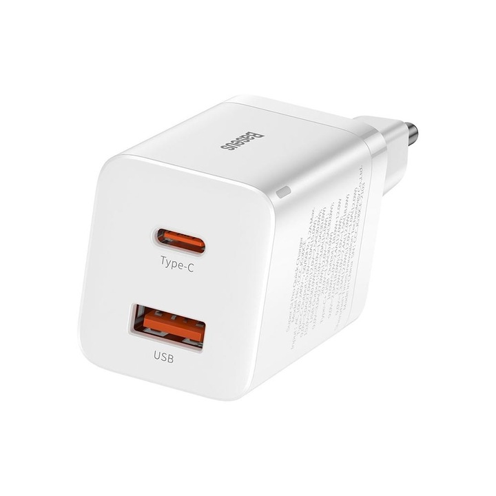 Мрежово зарядно, Baseus Super и Pro, 1xUSB-A, 1xUSB-C, PD 3.0, QC 3.0, 30W, бяло