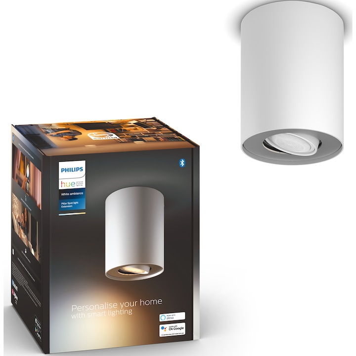 Смарт спот Philips Hue Pillar, Bluetooth, ZigBee Light Link, GU10, 5W (50W), 350 лумена, Бяла атмосфера, Гласови команди, Метал, Бял