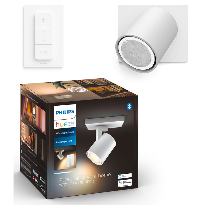 Смарт спот Philips Hue Runner, Bluetooth, ZigBee Light Link, GU10, 5W (50W), 350 лумена, Бяла атмосфера, Гласови команди, Метал, Бял, Енергиен клас G