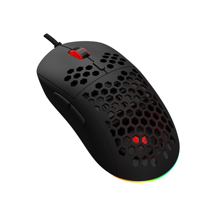 Mouse gaming profesional Savio HEX-R, 12000 DPI, Senzor Pixart PMW 3327, iluminare RGB, cablu 1.8m, negru