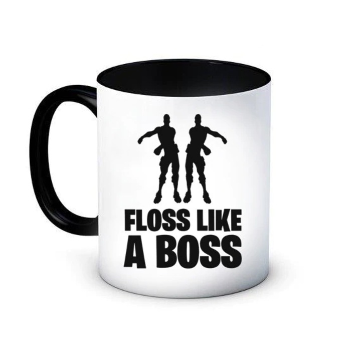 Cana personalizata ceramica alb/negru "Floss Like a Boss, Fortnite" , 330 ml