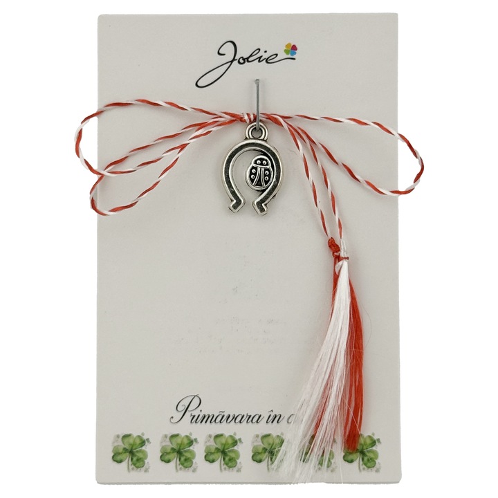 Martisor Traditional, Jolie, Model Potcoava, cu Snur Alb/Rosu, 5.5cm x 8.5cm, Argintiu