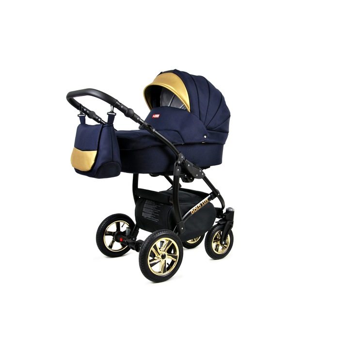 Carucior 3 in 1, BabyLux Goldlux Black Shell, Piele ecologica, 15 kg, Albastru/Gold
