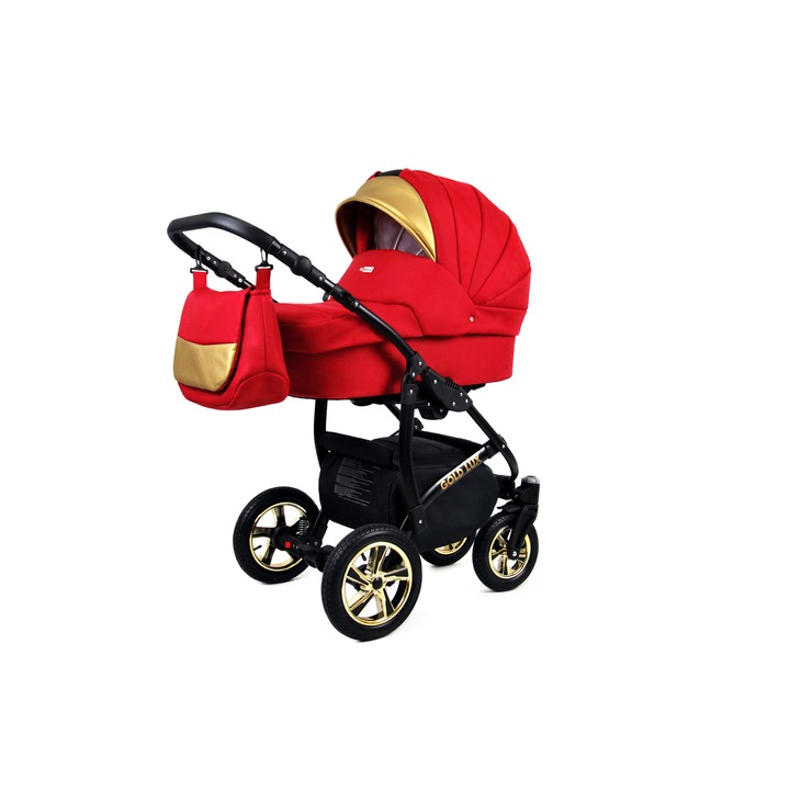 Carucior 3 in 1, BabyLux Goldlux Black Deep Scarlet, Piele ecologica, 15 kg, Rosu