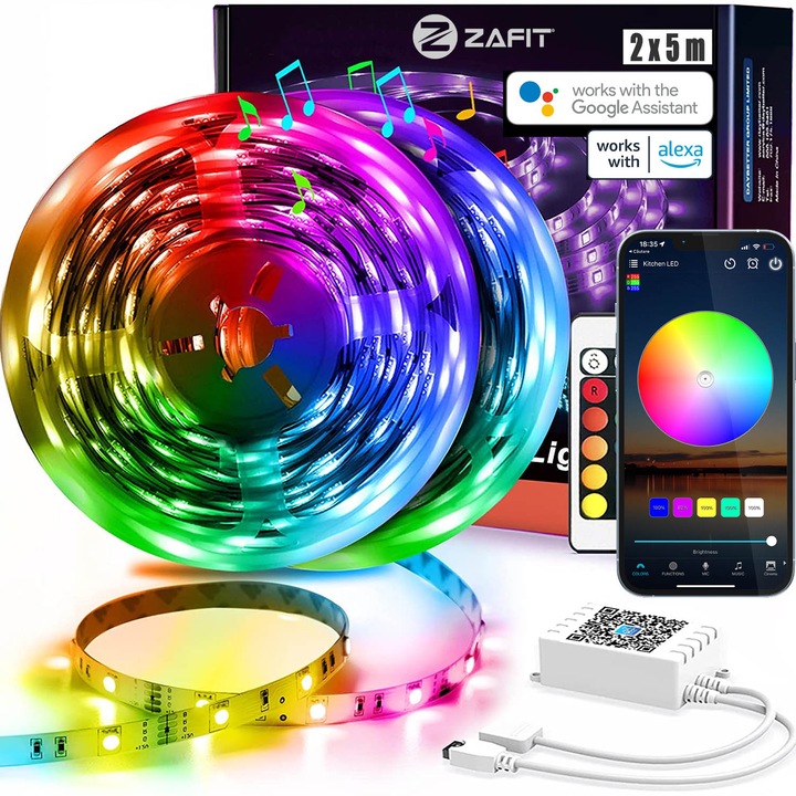 Banda LED ZAFIT™ 10 metri, Interior IP20, 60 leduri/m 5050 RGB, adeziva, Wi-Fi, aplicatie telefon, telecomanda, mod muzica, timer, microfon, intensitate lumina reglabila