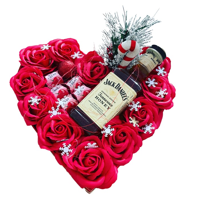 Cutie Cadou, ChocoBox, tip Inima, include Jack Honey 200 ml, Praline Mon Cherry si Trandafiri Rosii