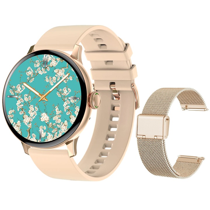 SmartWatch LikeSmart™ DAREFiT, 1.19" IPS, Apelare Smart Bluetooth 5.0, Meniu Limba Romana, Ritm Cardiac, Incarcare Wireless, Curea Silicon & Metallic Gold Thunder