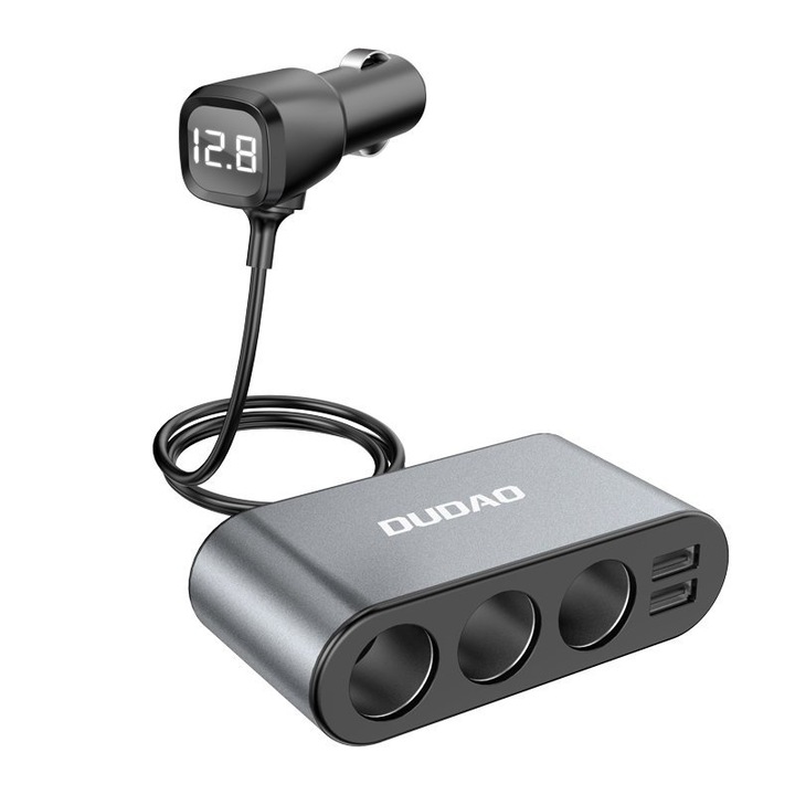 Dudao R1Pro Autós töltő, 3 szivargyújtó elosztó, 2x USB, Fekete