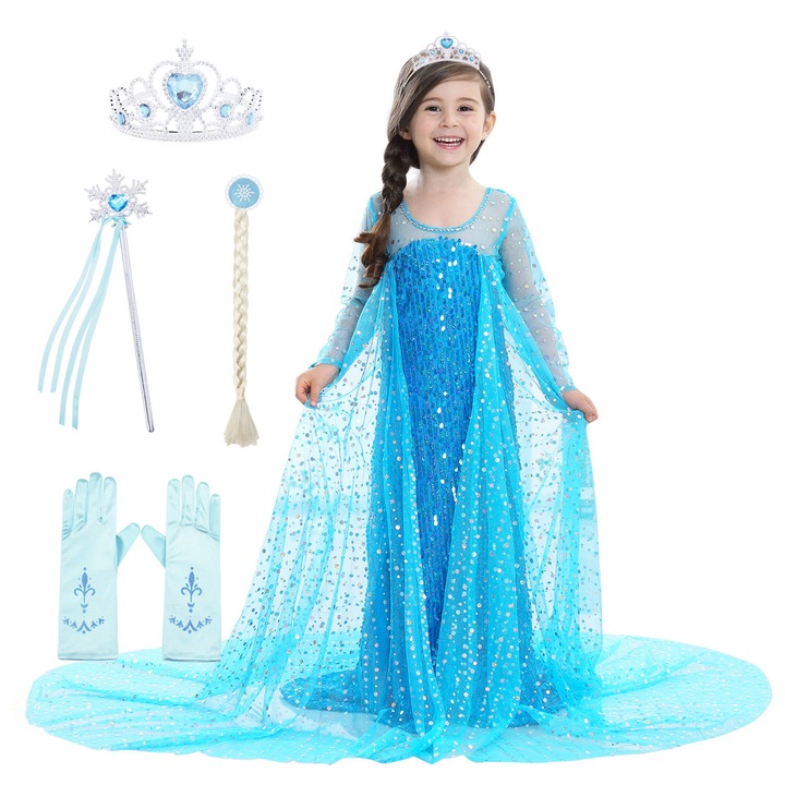 Costum Elsa - Frozen Stralucitoare pentru Copii, AmzBarley®, Ziua Copilului, Carnaval Cosplay, Craciun, Halloween, Cu 4 accesorii, Tul, Albastru, 7-8 ani, 130 cm