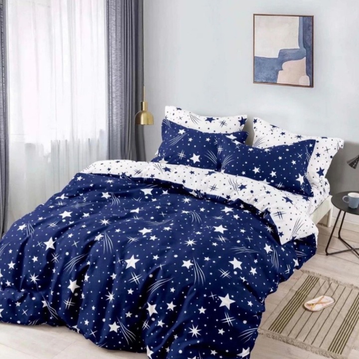 Set Lenjerie de Pat Dublu Sonia Home, 2 persoane, cu stelute, bumbac finet, 6 piese, alb albastru