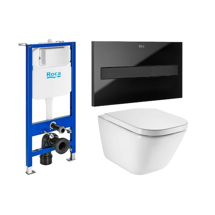 Roca THE GAP falra szerelhető WC szett - Fix keret beépített tartállyal, PLIC fekete csappantyúval STICLA, Perem nélküli wc csésze rejtett rögzítéssel és Softclose Slim WC fedéllel