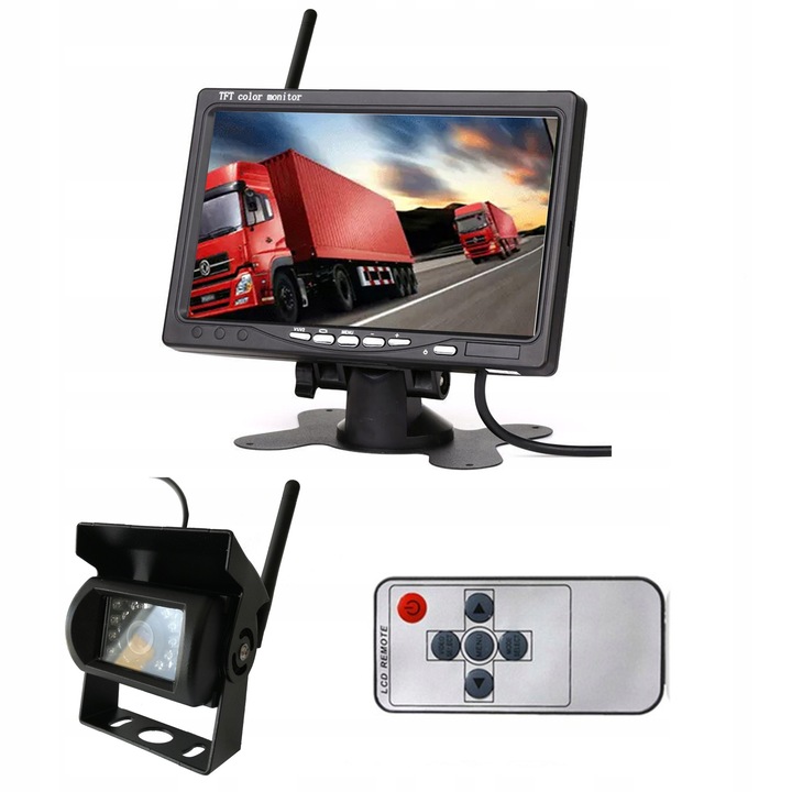Kit complet sistem de parcare wireless profesional cu monitor LCD 7 inch si camera marsarier cu senzor Sony, viziune nocturna IR, linii ghidaj, 12V/24V, pentru camioane, tiruri, autobuze, utilaje agricole, rezistenta la apa IP68
