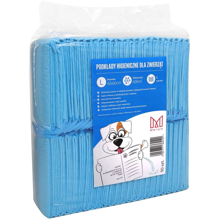 50 db-os nedvszívó higiéniai szőnyeg állatoknak, L méret, 60x60, fehér/kék