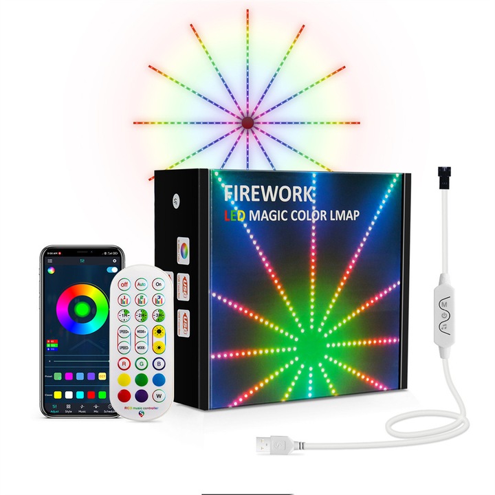 Bomstom Tűzijáték LED szalag, Bluetooth/USB, Távirányító/telefon vezérlés, RGB, Hangszinkronizálás, 2 cm, Többszínű